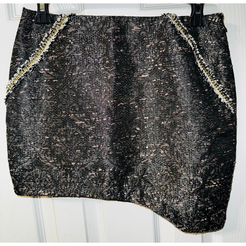English Rose Black Tweed Asymmetrical Mini Skirt Gold Chain Trim Size S NEW